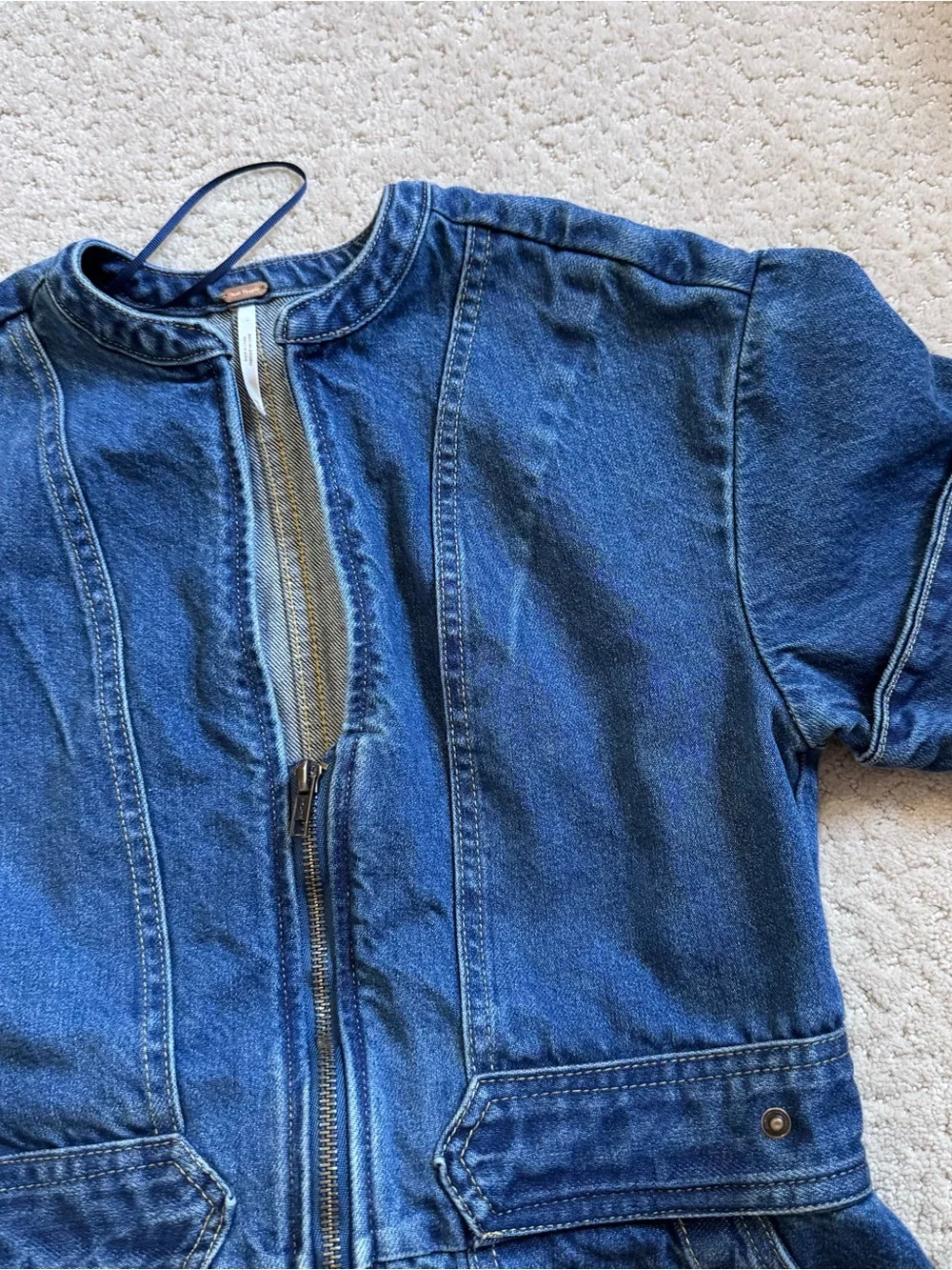 Free People Dream On Mini Denim Jean Dress Zip Front Short Sleeve XS
